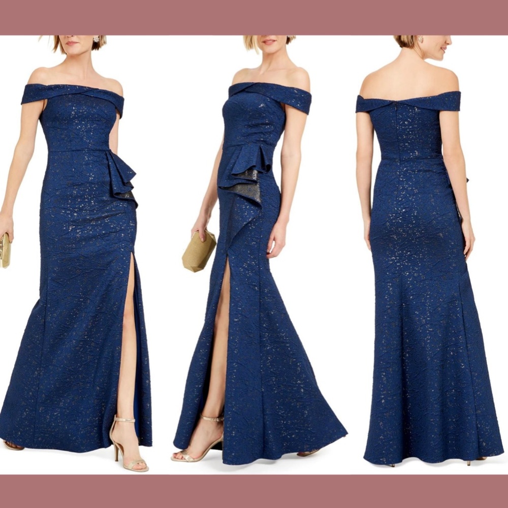 NEW Adrianna‎ Papell Off Shoulder Jacquard Gown in Blue/Silver [SZ 8 ]